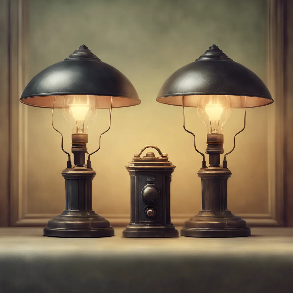 Two old lamps turned on against a uniform background.