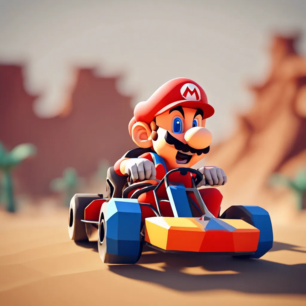 Mario in a low poly kart with a blurred forest behind